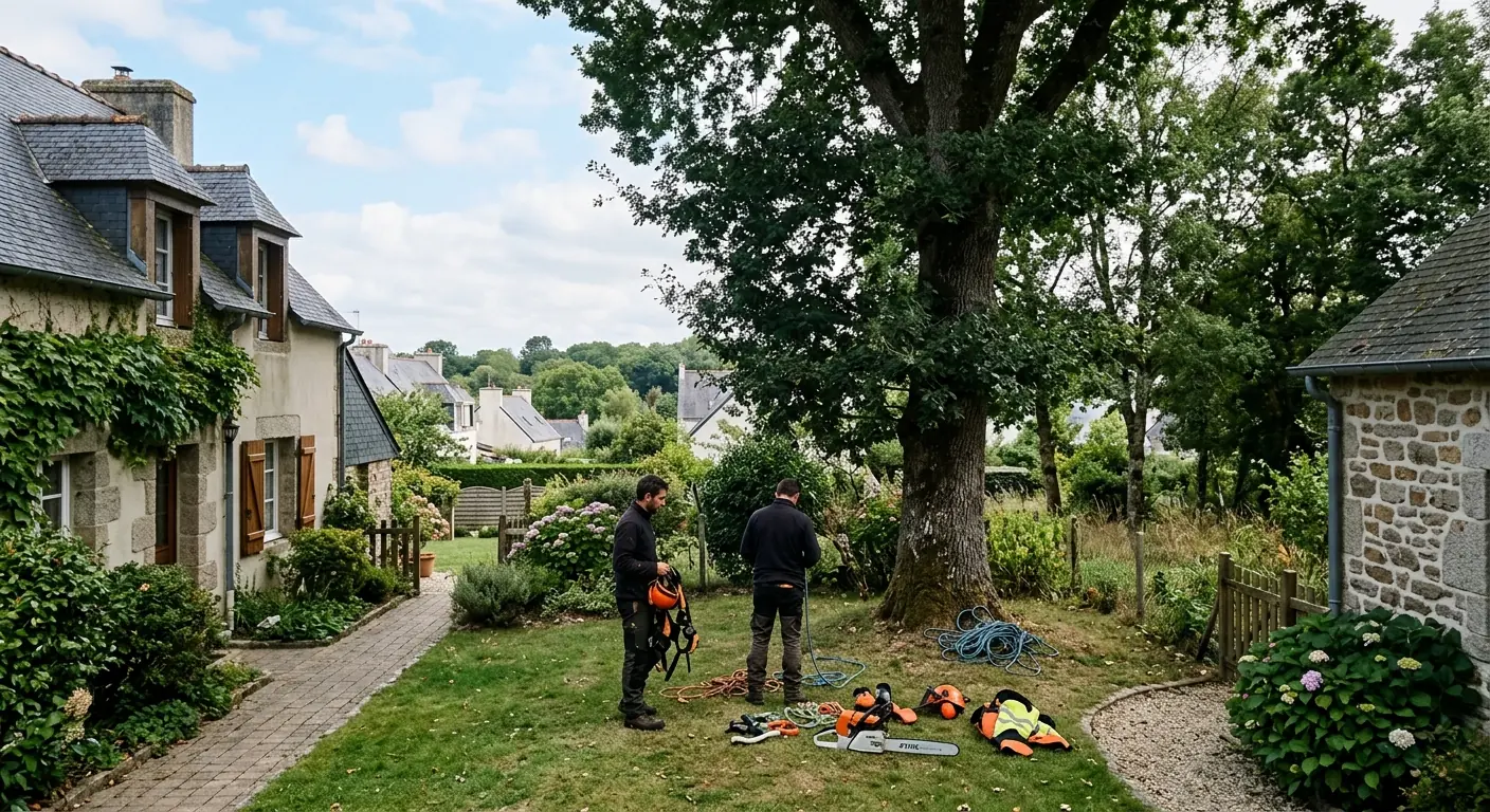 Chêne dépérissant dans un jardin clos avant abattage à Vannes