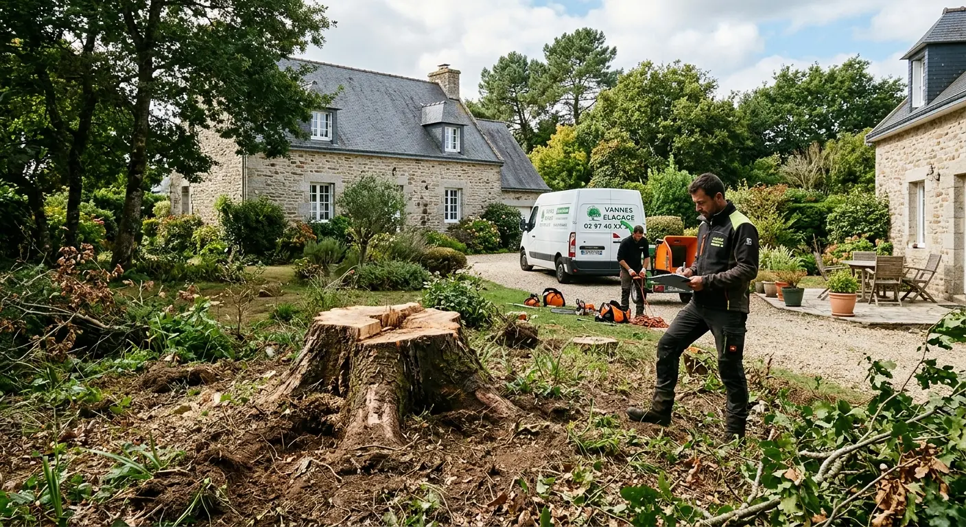 Souche de pin gênant une pelouse avant rognage à Vannes