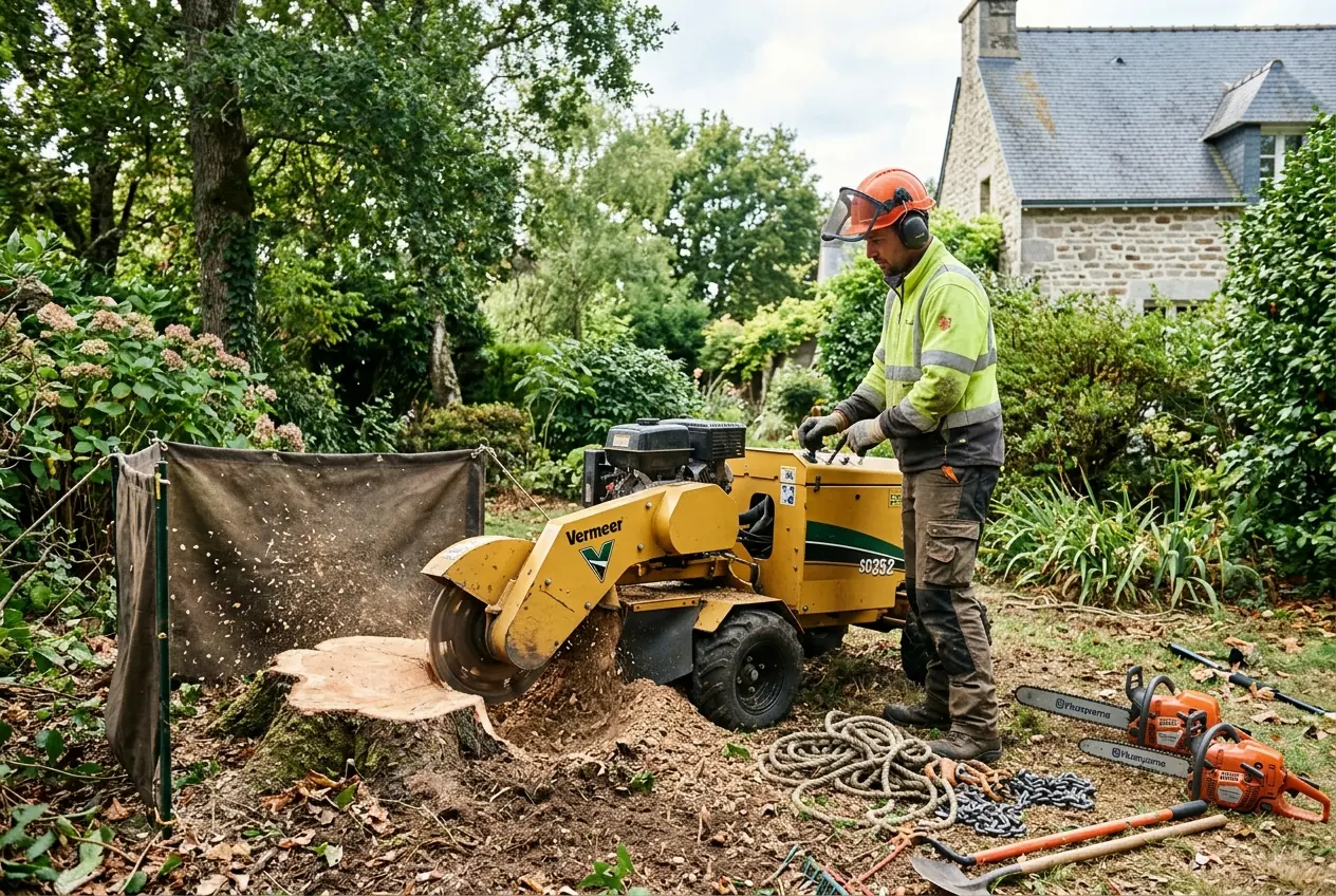 Rognage de souche dans une propriété à Plescop