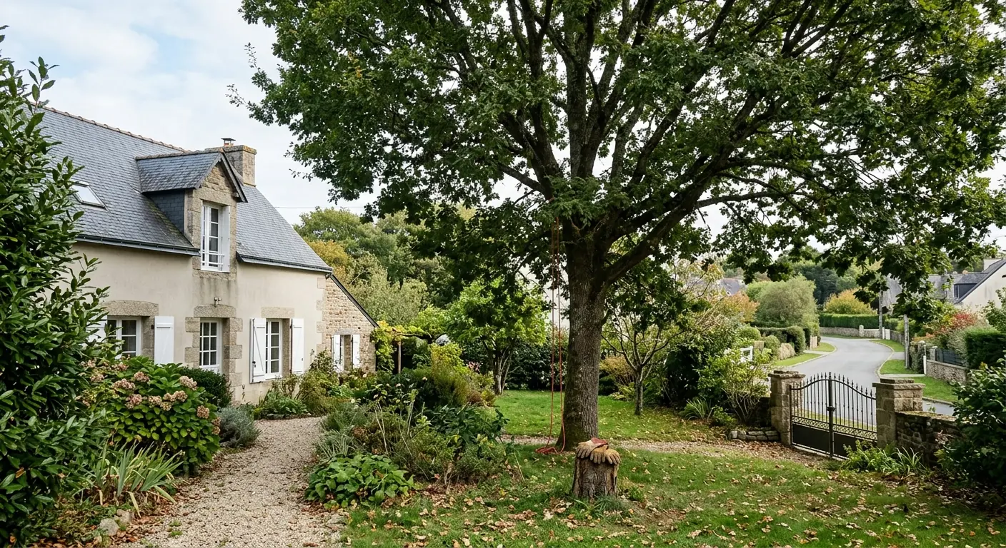 Chêne assombrissant une terrasse avant taille à Vannes