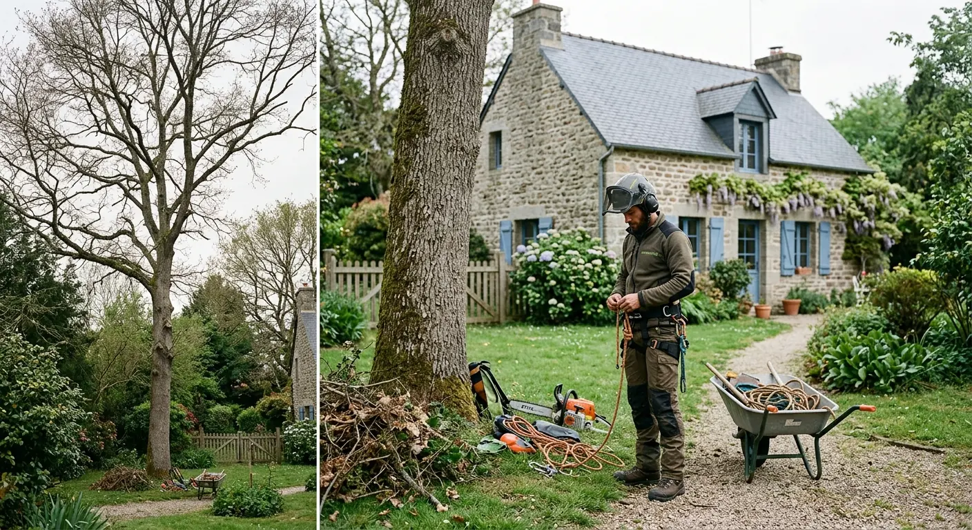 Cyprès penché vers une extension vitrée avant démontage à Vannes
