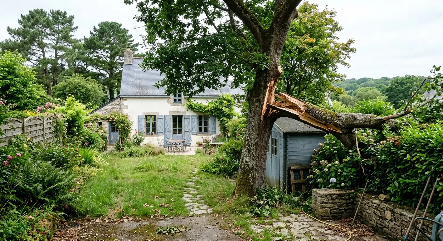 Charpentière fendue suspendue au-dessus d'un garage avant dépose à Vannes