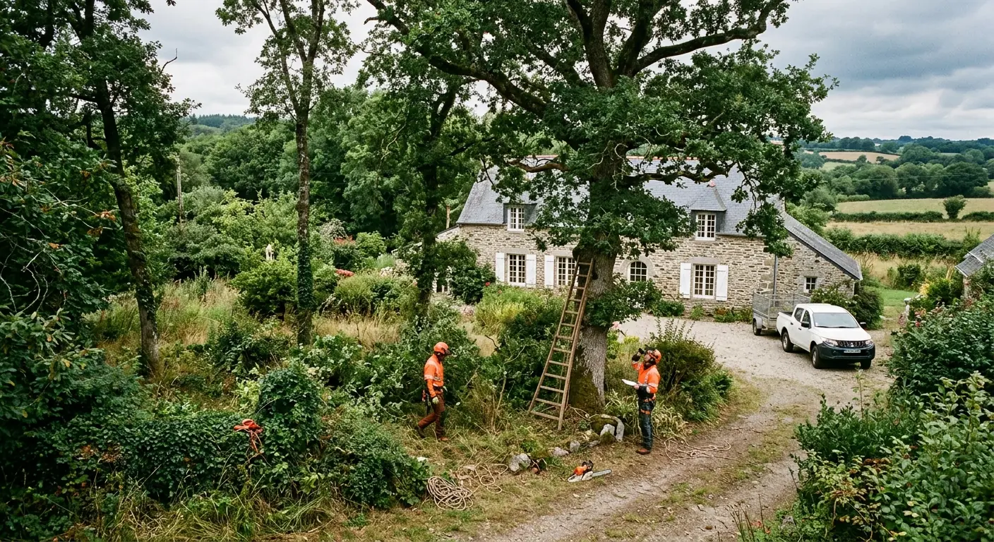Chêne laissant du bois mort au-dessus d'une cour avant élagage à Saint-Nolff