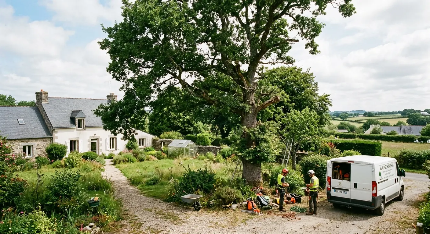 Chêne trop ample au-dessus d'une terrasse avant réduction à Theix-Noyalo